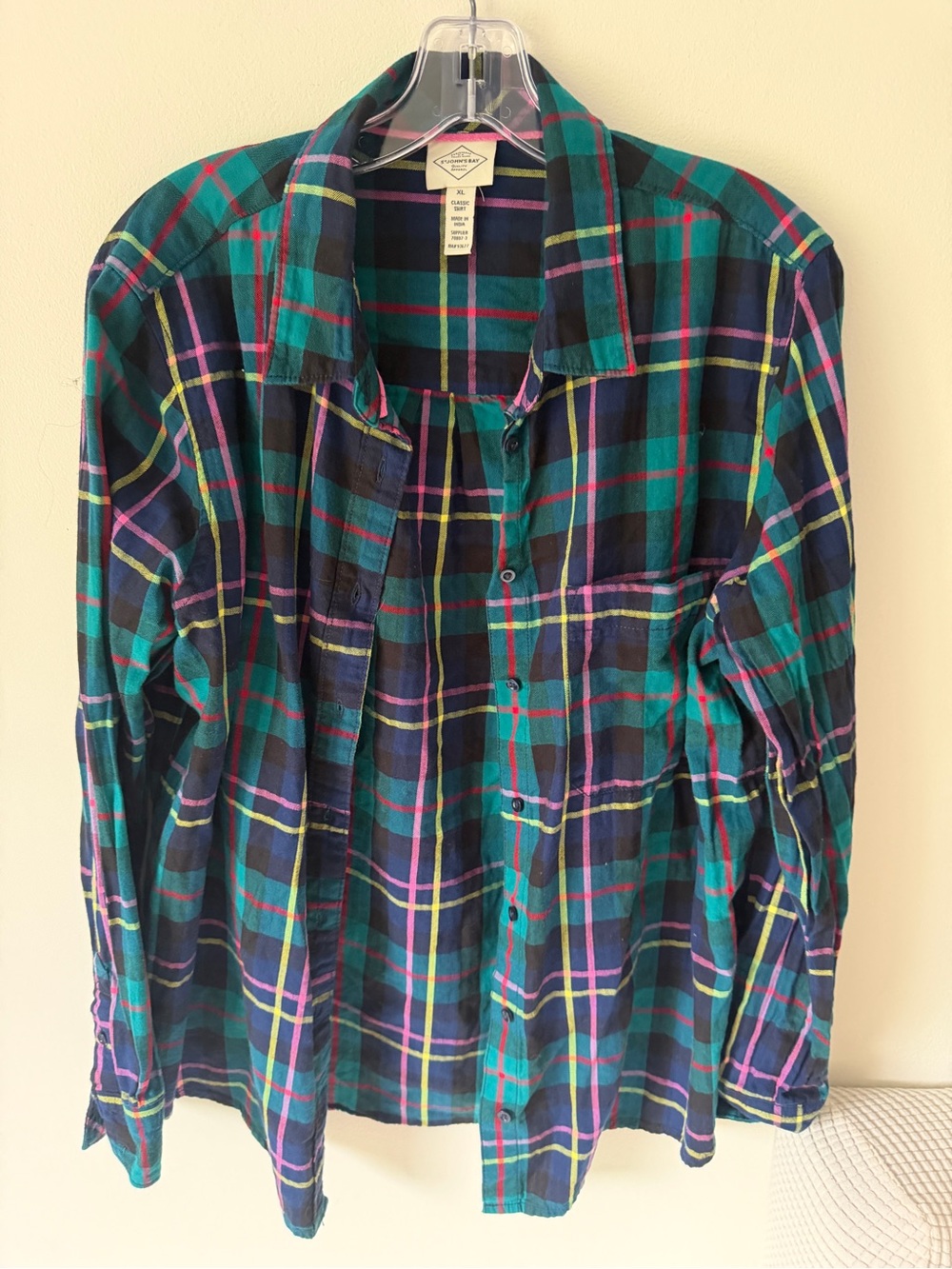 St. John's Bay Teal, Navy & Purple Plaid Button-Down Shirt